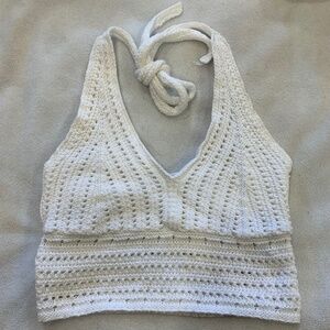 Hollister Crochet Halter Crop Top White Boho Festival Knit Size S Summer Cottage